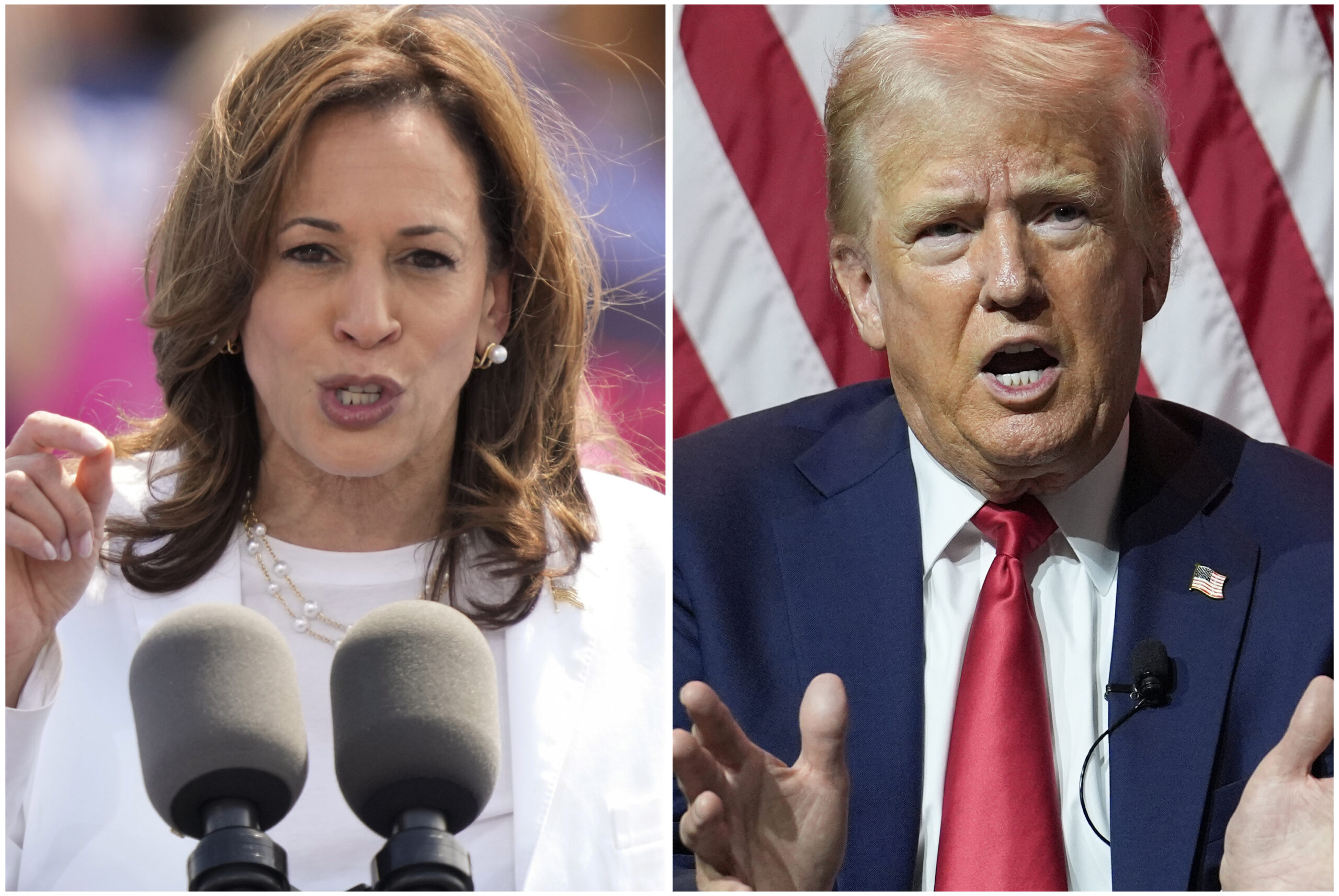 This combination of photos shows Vice President Kamala Harris, left, on Aug. 7, 2024 and Republican presidential candidate former President Donald Trump on July 31, 2024.